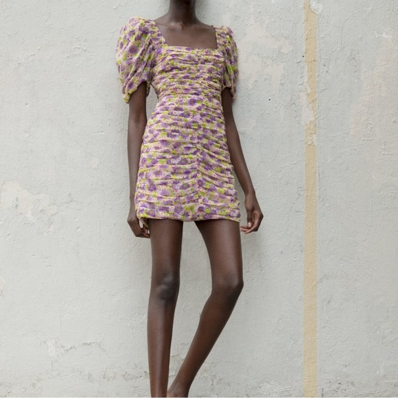 Zara Purple Floral Printed Draped Square Neck Dress XXL - Picture 12 of 16